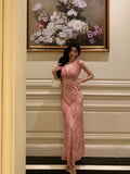 Niulatu A Line V neckline Long Date Night Dress Pink Prom Dresses Birthday Outfit SD822