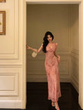 Niulatu A Line V neckline Long Date Night Dress Pink Prom Dresses Birthday Outfit SD822