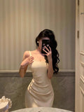 Niulatu Mermaid Straps White Tea Length Prom Dresses Birthday Outfits Evening Gown SD827