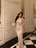 Niulatu Sheath Straps Floral Chiffon Long Prom Dresses Birthday Outfits Evening Gown SD834