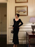Niulatu Mermaid Square Neckline Long Sleeves Black Velvet Prom Dresses Birthday Outfits SD836