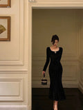 Niulatu Mermaid Square Neckline Long Sleeves Black Velvet Prom Dresses Birthday Outfits SD836