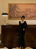 Niulatu Mermaid Square Neckline Long Sleeves Black Velvet Prom Dresses Birthday Outfits SD836