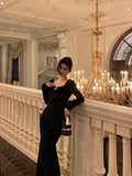 Niulatu Mermaid Square Neckline Long Sleeves Black Velvet Prom Dresses Birthday Outfits SD836