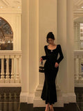 Niulatu Mermaid Square Neckline Long Sleeves Black Velvet Prom Dresses Birthday Outfits SD836