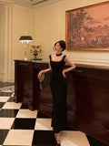 Niulatu Sheath Square Neckline Sleeveless Black Slit Prom Dresses Birthday Outfits SD837