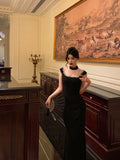 Niulatu Sheath Square Neckline Sleeveless Black Slit Prom Dresses Birthday Outfits SD837