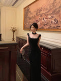 Niulatu Sheath Square Neckline Sleeveless Black Slit Prom Dresses Birthday Outfits SD837