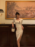 Niulatu Sheath Square Neckline Short Sleeves Date Night Dress White Prom Dresses Birthday Outfit SD838
