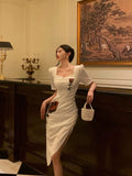 Niulatu Sheath Square Neckline Short Sleeves Date Night Dress White Prom Dresses Birthday Outfit SD838