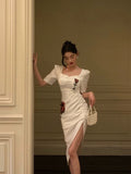 Niulatu Sheath Square Neckline Short Sleeves Date Night Dress White Prom Dresses Birthday Outfit SD838