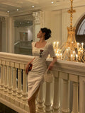 Niulatu Sheath Square Neckline Short Sleeves Date Night Dress White Prom Dresses Birthday Outfit SD838