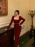 Niulatu Sheath Square Neckline Long Sleeves Date Night Dress Red Prom Dresses Birthday Outfit SD839