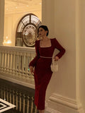 Niulatu Sheath Square Neckline Long Sleeves Date Night Dress Red Prom Dresses Birthday Outfit SD839
