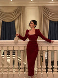Niulatu Sheath Square Neckline Long Sleeves Date Night Dress Red Prom Dresses Birthday Outfit SD839