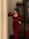 Niulatu Sheath Square Neckline Long Sleeves Date Night Dress Red Prom Dresses Birthday Outfit SD839