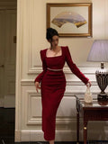 Niulatu Sheath Square Neckline Long Sleeves Date Night Dress Red Prom Dresses Birthday Outfit SD839