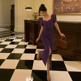 Niulatu Sheath Square Neckline Short Sleeves Date Night Dress Grape Prom Dresses Birthday Outfit SD842