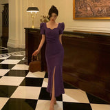 Niulatu Sheath Square Neckline Short Sleeves Date Night Dress Grape Prom Dresses Birthday Outfit SD842