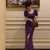 Niulatu Sheath Square Neckline Short Sleeves Date Night Dress Grape Prom Dresses Birthday Outfit SD842