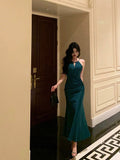 Niulatu Sheath Halter Sleeveless Green Silk Satin Prom Dresses Birthday Outfits SD843