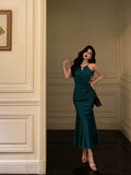 Niulatu Sheath Halter Sleeveless Green Silk Satin Prom Dresses Birthday Outfits SD843