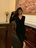 Niulatu Sheath V Neckline Long Sleeves Black Slit Prom Dresses Birthday Outfits SD844