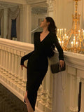 Niulatu Sheath V Neckline Long Sleeves Black Slit Prom Dresses Birthday Outfits SD844