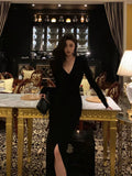 Niulatu Sheath V Neckline Long Sleeves Black Slit Prom Dresses Birthday Outfits SD844