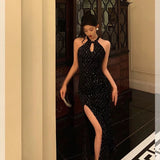 Niulatu Sheath Halter Sleeveless Black Sequin Prom Dresses Birthday Outfits SD846