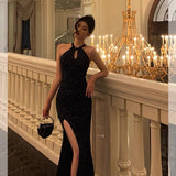 Niulatu Sheath Halter Sleeveless Black Sequin Prom Dresses Birthday Outfits SD846