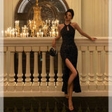 Niulatu Sheath Halter Sleeveless Black Sequin Prom Dresses Birthday Outfits SD846