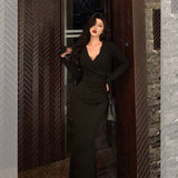 Niulatu Sheath V Neckline Long Sleeves Black Prom Dresses Birthday Outfits SD849