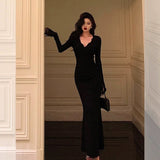 Niulatu Sheath V Neckline Long Sleeves Black Prom Dresses Birthday Outfits SD849
