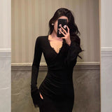 Niulatu Sheath V Neckline Long Sleeves Black Prom Dresses Birthday Outfits SD849