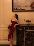 Niulatu Sheath Spaghetti Straps Red Slit Prom Dresses Birthday Outfits SD851