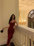 Niulatu Sheath Spaghetti Straps Red Slit Prom Dresses Birthday Outfits SD851