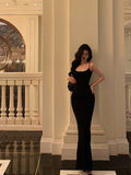 Niulatu Sheath Spaghetti Straps Black Long Prom Dresses Birthday Outfits SD853