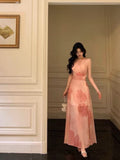 Niulatu A line Halter Sleeveless Pink Floral Date Night Dress Prom Dresses Birthday Party Outfit SD854