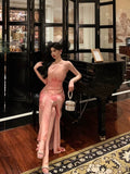 Niulatu A line Halter Sleeveless Pink Floral Date Night Dress Prom Dresses Birthday Party Outfit SD854