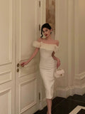 Niulatu Sheath Off The Shoulder White Prom Dresses Birthday Outfits SD857