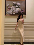 Niulatu Sheath Spaghetti Straps Satin Flowers Prom Dresses Birthday Outfits SD861