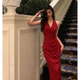 Niulatu A line V neckline Sleeveless Red Date Night Dress Prom Dresses Birthday Party Outfit SD863