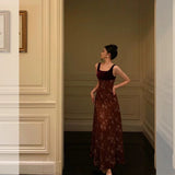 Niulatu A Line Straps Burgundy Velvet Floral Prom Dresses Birthday Outfits Evening Gown SD864