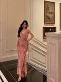 Niulatu A Line Spaghetti Straps Pink Chiffon Floral Prom Dresses Birthday Outfits Evening Gown SD867