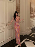 Niulatu A Line Spaghetti Straps Pink Chiffon Floral Prom Dresses Birthday Outfits Evening Gown SD867
