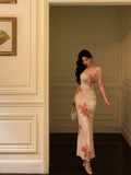 Niulatu Sheath Spaghetti Straps Pink Floral Prom Dresses Birthday Outfits Evening Gown SD870