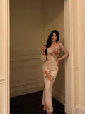 Niulatu Sheath Spaghetti Straps Pink Floral Prom Dresses Birthday Outfits Evening Gown SD870