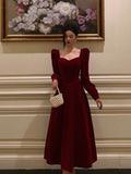 Niulatu A line Square Neckline Long Sleeves Red Velvet Date Night Dress Prom Dresses Birthday Party Outfit SD872