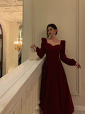 Niulatu A line Square Neckline Long Sleeves Red Velvet Date Night Dress Prom Dresses Birthday Party Outfit SD872